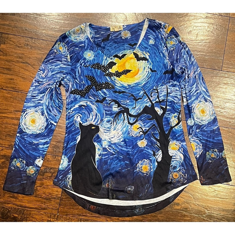 Van Gogh Starry Night One World Black Cat Embellished Blouse, Women's Size Small